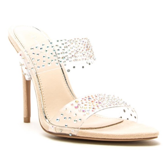 Qupid Clear and Nude Heels with Rhinestones - Picture 1 of 5